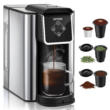 SIFENE Single Serve Coffee Maker, 3 in 1 Coffee Machine, Personal K-Pod Capsule Brewer for Ground Coffee & Loose Leaf Tea, 50oz Removable Water Reservoir, Black