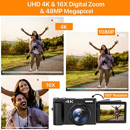 4K Digital Camera for Photography and Video Autofocus 16X Digital Zoom, 48MP Vlogging Camera with 32GB SD Card, 3'' 180° Flip Screen Compact Camera for Travel,2 Batteries Charger Stand
