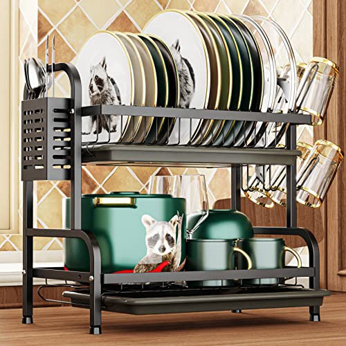 iSPECLE Dish Drying Rack for Kitchen Counter 2 Tier Dish Rack with Cup Holder, Dish Drainer with Drainboard and Utensil Holder Large Capacity for Small Kitchen Countertop Saving Space
