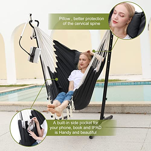 Hammock Chair with Stand Double Hammock Chair Bohemian Style with Tassel Phone Stand Handmade Adjustable Swing Indoor Outdoor Patio Garden Porch with footrest can Lie Down Capacity 400 pounds (Black)