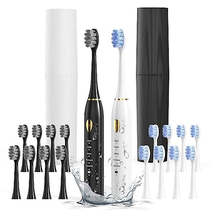 MOROLURU Electric Toothbrush Dual Handle 5 Modes with Smart Timer and 16 Brush Heads & 2 Travel Cases Including IPX7 Waterproof ，Black&White
