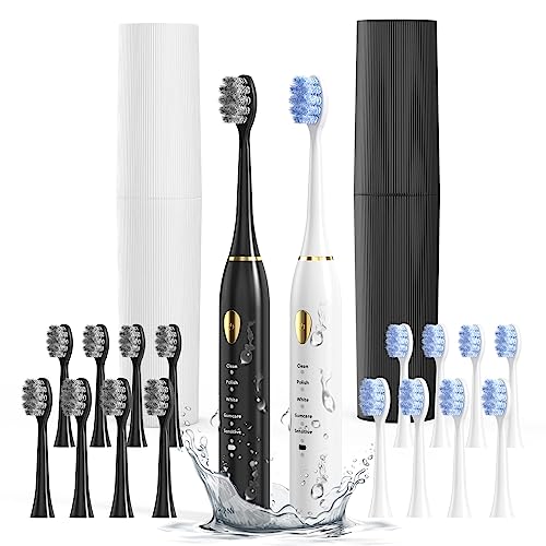 MOROLURU Electric Toothbrush Dual Handle 5 Modes with Smart Timer and 16 Brush Heads & 2 Travel Cases Including IPX7 Waterproof ，Black&White