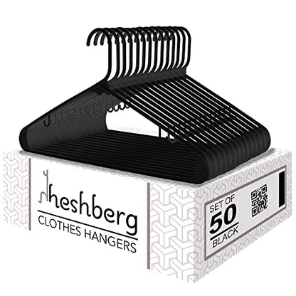 Heshberg Plastic Hooks Hangers Space Saving Tubular Clothes Hangers Standard Size Ideal for Everyday Use on Shirts, Coats, Pants, Dress, Skirts, Etc. (50 Pack) (Black)