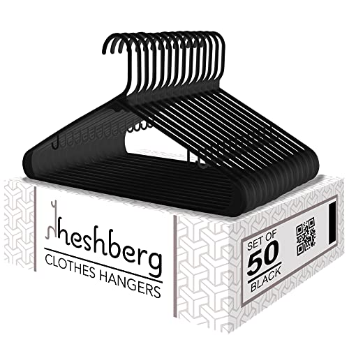 Heshberg Plastic Hooks Hangers Space Saving Tubular Clothes Hangers Standard Size Ideal for Everyday Use on Shirts, Coats, Pants, Dress, Skirts, Etc. (50 Pack) (Black)