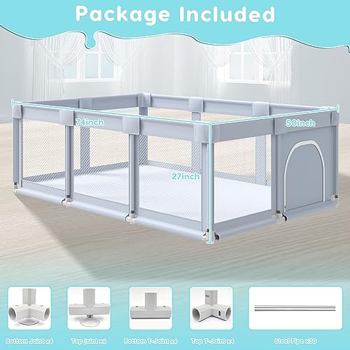 Fshibila 74" ×50" Large Baby Playpen, Baby Playard for Babies and Toddlers, Baby Fence Play Pens for Indoor & Outdoor, Sturdy Safety Play Yard with Soft Breathable Mesh, Anti-Fall, Grey