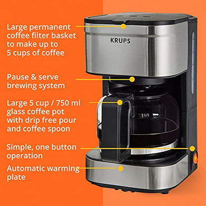 Krups Simply Brew Stainless Steel Drip Coffee Maker 5 Cup 650 Watts Coffee Filter, Drip Free, Dishwasher Safe Pot, Compact Silver and Black