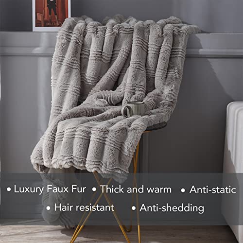 LuxenrelaX Plush Faux Fur Throw Blanket, Elegant Fuzzy Blanket with Water Wave Pattern, Warm Fluffy Blanket for Bed, Couch, Grey, 50x60 inches