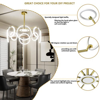 OUQI Ceiling Light Fixture,Modern 8 Lights Fixtures Ceiling Mount, Matte Gold Finish,7000K Dimmable Ceiling Lights with Remote DIY Light Fixture LED Chandelier for Bedroom Living Room Kitchen