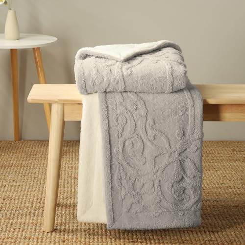 Amélie Home Sherpa Throw Blanket for Couch, Damask 3D Jacquard Pattern and Soft Teddy Sherpa Reverse, Decorative Fleece Thick Warm Blanket for Sofa Bed, Grey, 60"x 80"