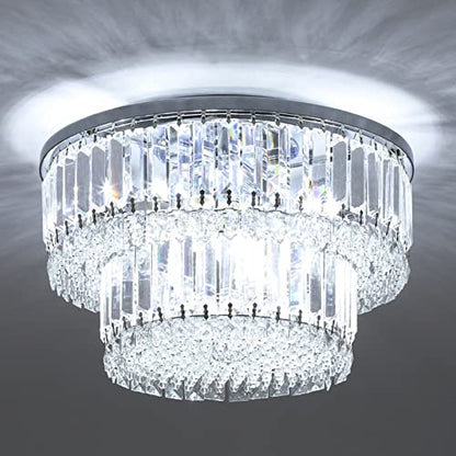 Berliget Chrome Crystal Flush Mount Chandelier, Modern Round Crystal Ceiling Light Fixture, Bling Silver Raindrop Ceiling Lamp for Closet Bedroom Living Room Dining Room, 2 Tier 6 Llight H10 x D16