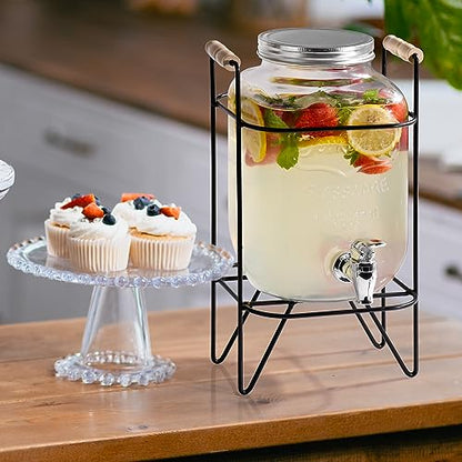Glass Beverage Dispenser with Sturdy Metal Base and Spigots - 4L Capacity, Sealed Wooden Lid, Wine Barrel Ideal for Beverages, Alcohol, Kombucha and Detergent