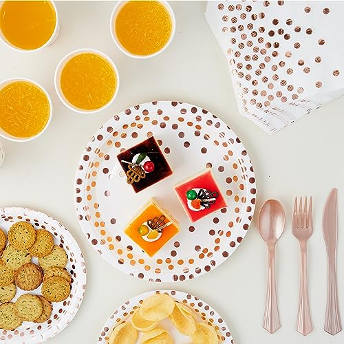 White and Rose Gold Party Supplies - 350 PCS Disposable Dinnerware Set - White Paper Plates Napkins Cups, Gold Plastic Forks Knives Spoon for Graduation, Birthday, Cocktail Party
