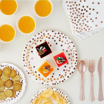 White and Rose Gold Party Supplies - 350 PCS Disposable Dinnerware Set - White Paper Plates Napkins Cups, Gold Plastic Forks Knives Spoon for Graduation, Birthday, Cocktail Party