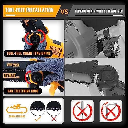 ALLOYMAN Mini Chainsaw 6-Inch Cordless | 26.2ft/s chain speed | Upgrade 775 Powerful motor | Tool Free Bar and Chain Adjustments | Handheld Small Chainsaw for Wood Cutting Tree Trimming