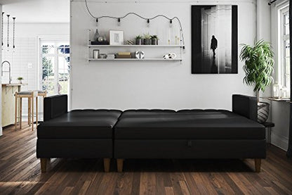 DHP Hartford Storage Sectional Futon with Interchangeable Chaise, Space-saving Design with Multi-position Back, Wooden Legs, Black Faux Leather