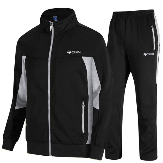 Gopune Men's Athletic Full Zip Fleece Tracksuit Jogging Sweatsuit Activewear (Black Lightgrey,M)