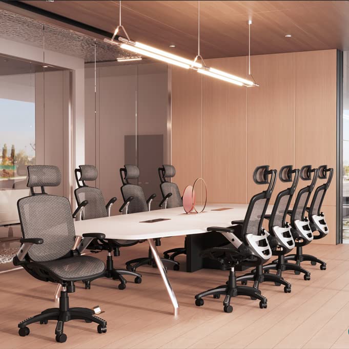 GABRYLLY Ergonomic Mesh Office Chair, High Back Desk Chair - Adjustable Headrest with Flip-Up Arms, Tilt Function, Lumbar Support and PU Wheels, Swivel Computer Task Chair, Grey