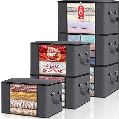 BlissTotes Storage Clothing Bags Storage Clothes Organizer with Reinforced Handle Sturdy Fabric Clear Window for Blankets, Bedding, Collapsible with Sturdy Zipper, 6 Pack, 60L, Grey