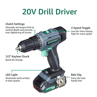 Amazon Brand - Denali by SKIL 20V Cordless Drill, Reciprocating Saw, Circular Saw, and Work Light with (2) 2.0Ah Lithium Batteries, 2.4A Charger, and Carry Bag
