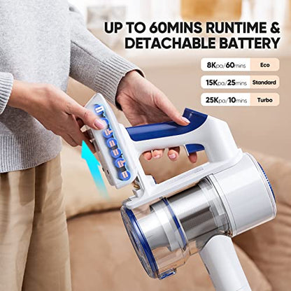 Cordless Vacuum Cleaner 25KPa 320W Powerful Lightweight Stick Vacuum with 60mins Long Runtime Detachable Battery, Flexible Flat & LED Headlights Vac One-Touch for Stair Hardwood Floor Carpet Pet Hair