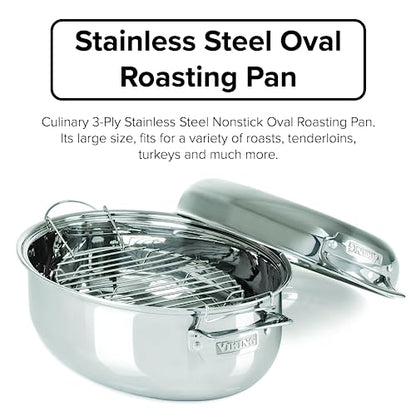 Viking Culinary 3-Ply Stainless Steel Oval Roasting Pan, 8.5 Quart, Includes Metal Induction Lid & Rack, Dishwasher, Oven Safe, Works on All Cooktops including Induction