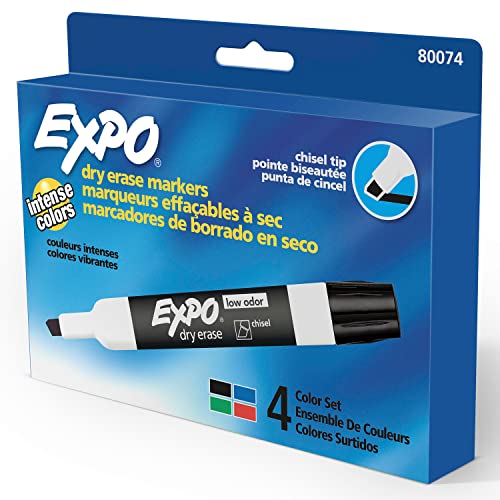 EXPO 80074 Low-Odor Dry Erase Markers, Chisel Tip, Assorted Colors, 4-Count