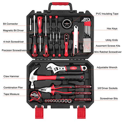 100 Piece Home Repair Tool Kit,EXCITED WORK General House Hand Tool Set with Plastic Storage Case- Socket Wrench Hammer
