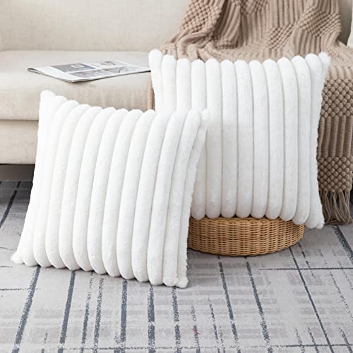ZLINA Set of 2 Faux Fur Plush Cream White Throw Pillow Covers Fluffy Striped Pillowcase Cushion Covers 16 x 16 Inch Decor Sofa Couch Bedroom