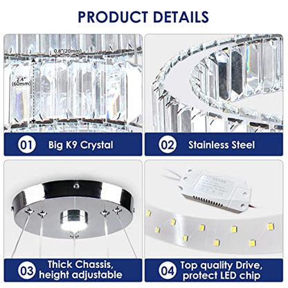 YPQXYHDA Modern LED Chandelier 2 Ring Chandelier Round LED Ceiling Light Crystal Chandelier for Dining Room Bedroom, Dia 7.9"+15.7"
