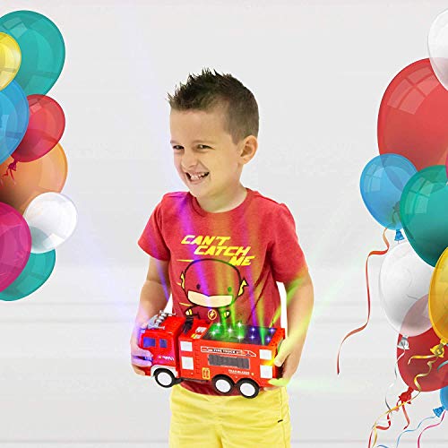 Electric Fire Truck Kids Toy - with Bright Flashing 4D Lights & Real Siren Sounds | Bump and Go Firetruck for Boys | Automatic Steering on Contact | Fire Engine Toy Trucks for Imaginative Play