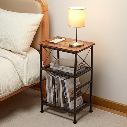ruboka 3-Tier Small End Tables,Narrow Side Table with Steel Grid Storage Shelves,Slim Nightstand X-Design Sofa Side Table Small Bookshelf Bookcase,Display Rack for Living Room,Bedroom,Rustic Brown