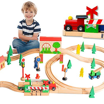 FUNPENY 60 Pcs Colorful Wooden Train and Track Sets,Train Railway Sets Toys for 3+ Years Kids,Boys,Girls Deluxe Holiday Gifts