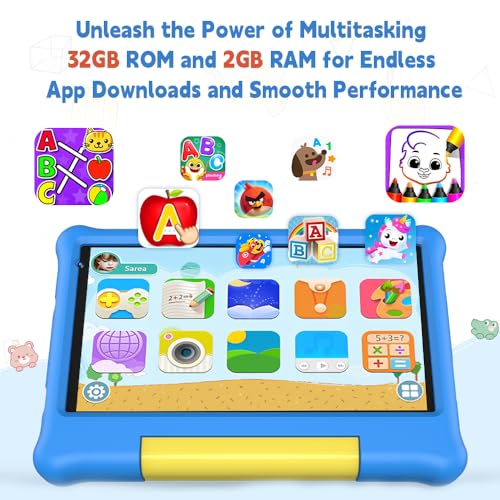 Maxsignage 7" Android 13 Kids Tablet, Ages 3-7 Tablet for Kids, Quad-Core, Shockproof Case & Stand - 32GB Storage - HD Display, 2MP Camera - Extended Battery - Parental Controls - Learning & Play