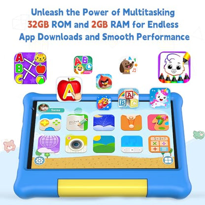 Maxsignage 7" Android 13 Kids Tablet, Ages 3-7 Tablet for Kids, Quad-Core, Shockproof Case & Stand - 32GB Storage - HD Display, 2MP Camera - Extended Battery - Parental Controls - Learning & Play
