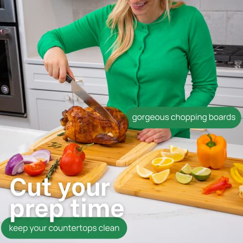 Organic Bamboo Cutting Board Set of 3 with Lifetime Replacements - Wood Cutting Board Set with Juice Groove - Wooden Chopping board Set for Kitchen, Meat and Cheese - Wooden Cutting Boards for Kitchen