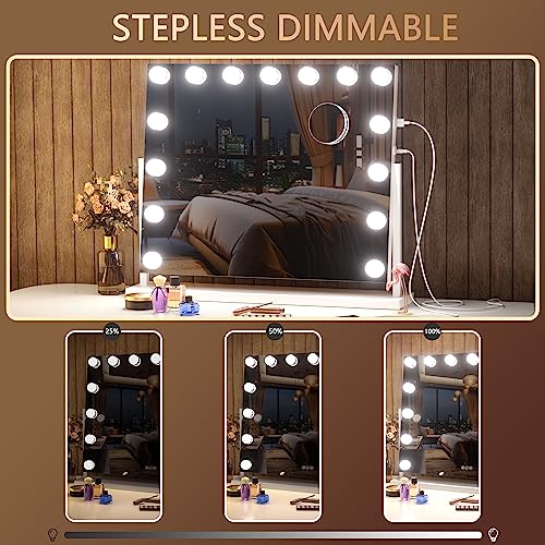 Hasipu Vanity Mirror with Lights, 22" x 18" Hollywood Lighted Makeup Mirror with 15 Dimmable Bulbs, 10X Magnification and USB Charging Port, Smart Touch 3 Colors Dimmable, 360° Rotation (Square)