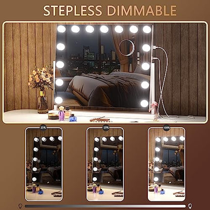 Hasipu Vanity Mirror with Lights, 22" x 18" Hollywood Lighted Makeup Mirror with 15 Dimmable Bulbs, 10X Magnification and USB Charging Port, Smart Touch 3 Colors Dimmable, 360° Rotation (Square)