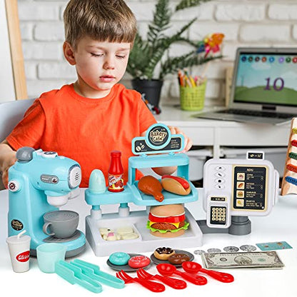 YWTC Junior Kids Maker Coffee Play Set and Donuts, for Girls and Boys Toddlers Real Mini Barista Shop With Cash Register for Kids