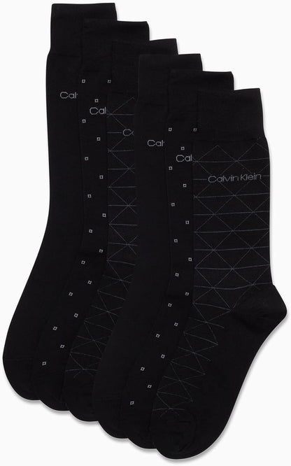 Calvin Klein Men's 6 Pack Mixed Pattern Dress Socks, Size 4-12, Black Assorted