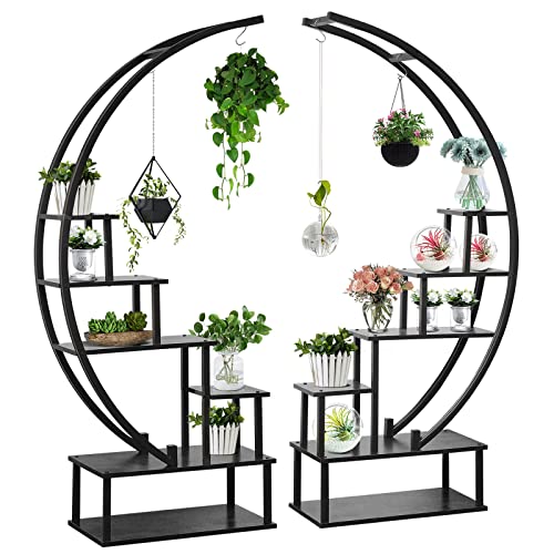 Elevens 2 Pcs 6 Tier Tall Metal Indoor Plant Stand Half-Moon-Shaped Plant Shelf Holder Multi-Purpose Plant Stands Plants Decor Plant Stands for Home Decoration (Round-Black)