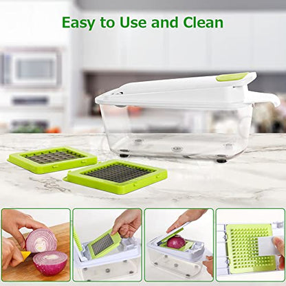 Food Dicer, Vegetable Chopper 6 Blades, Mandoline Slicer for Kitchen, Onion Chopper Dicer, Kitchen Chopper Mandolin Slicer, Fruit and Veggie Chopper with Container Vegetable Cutter Green