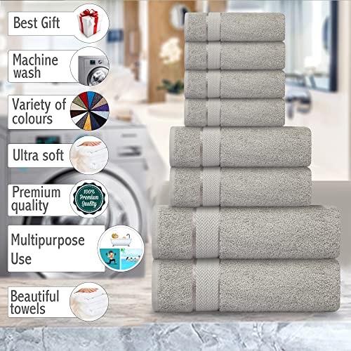 Bath Towels Set-100% Cotton-2 Bath Towels, 2 Hand Towels & 4 Washcloths-Large, Quick Dry, Absorbent, Plush, Soft-Home, Gym, Yoga, Spa, Shower Towels -8 Piece Luxury Bathroom Towels - Light Grey/Silver