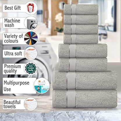 Bath Towels Set-100% Cotton-2 Bath Towels, 2 Hand Towels & 4 Washcloths-Large, Quick Dry, Absorbent, Plush, Soft-Home, Gym, Yoga, Spa, Shower Towels -8 Piece Luxury Bathroom Towels - Light Grey/Silver