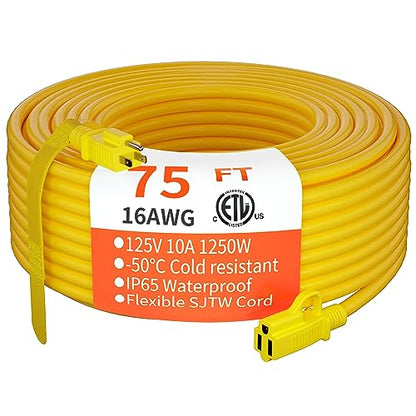 Outdoor Extension Cord 75 Foot Waterproof, 16/3 Gauge Flexible Cold-Resistant Appliance Extension Cord Outside, 10A 1250W 16AWG SJTW, 3 Prong Heavy Duty Electric Cord Yellow, ETL HUANCHAIN