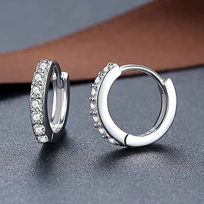 Silver Huggie Hoop Earrings, 925 Sterling Silver 14K Gold Plated Cubic Zirconia Cuff Earrings for Women Girls, Sparkle Hypoallergenic 13mm Small Cartilage Piercing Stud- Silver