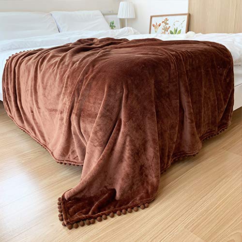 LOMAO Flannel Blanket with Pompom Fringe Lightweight Cozy Bed Blanket Soft Throw Blanket fit Couch Sofa Suitable for All Season (Brown, 51''x 63'')