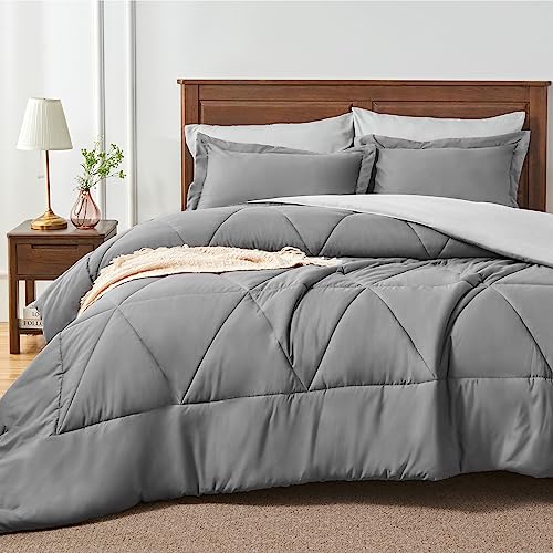 BEDELITE Queen Comforter Set 7 Pieces Bed in A Bag - Soft Microfiber Reversible Grey Bed Set with Comforters, Sheets, Pillowcases & Shams, Cozy Luxury Bedding Sets for All Season