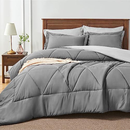 BEDELITE Queen Comforter Set 7 Pieces Bed in A Bag - Soft Microfiber Reversible Grey Bed Set with Comforters, Sheets, Pillowcases & Shams, Cozy Luxury Bedding Sets for All Season