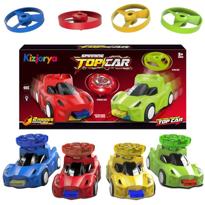 KIZJORYA 4-Pack Toy Racer Car with 4 LED Light Up Flashing Spinning Tops & 4 Flying Tops for Kids, Push & Go Vehicles with Spinner Set, for Boys Girls Toddlers Ages 3 4 5 6 7 8+