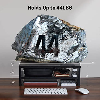 LORYERGO Monitor Stand, 2 Tier Computer Stand, Monitor Stand Riser with Cellphone Holder & Storage Space, Ergonomic Monitor Riser with Cable Management for Laptop, Printer, PC, for Home & Office